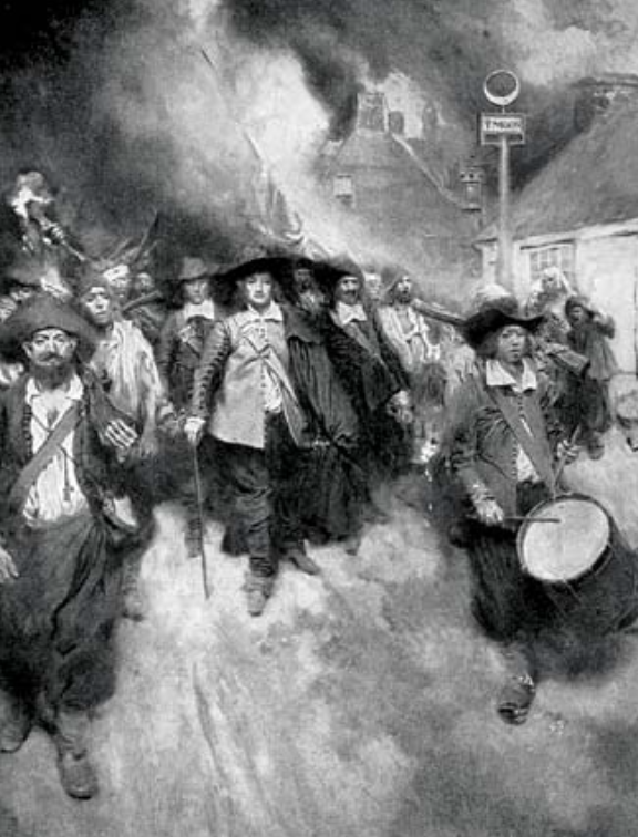 The Burning of Jamestown during Bacon's Rebellion of 1676. Painting by Howard Pyle, 1905.