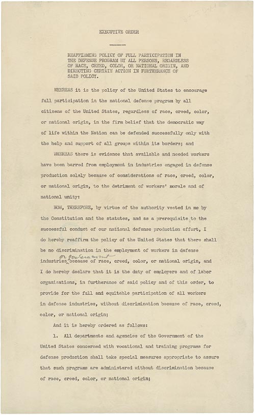 Original Document of Former President Roosevelts Executive order 8802 