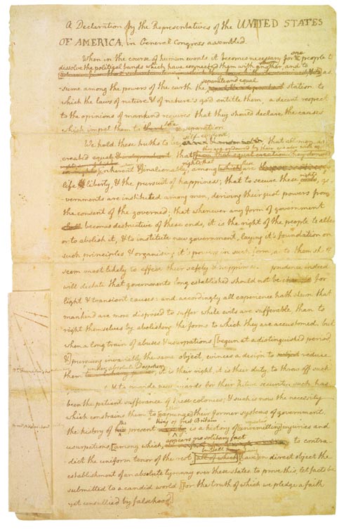 The rough draft of The Declaration of Independence written in June, 1776. 