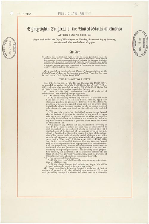 Original document of the enrolled acts and resolutions of Congress pertaining to the Civil Rights Act