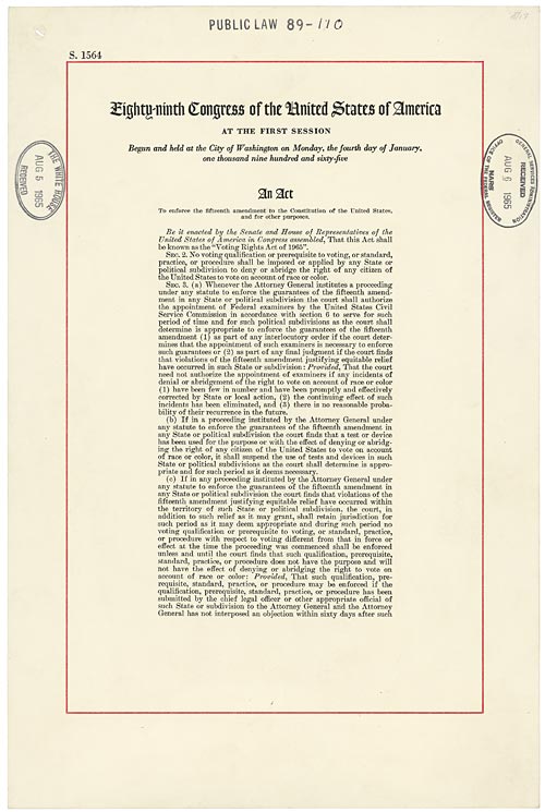 Original document of Voting Rights Act to enforce the Fifteenth Amendment