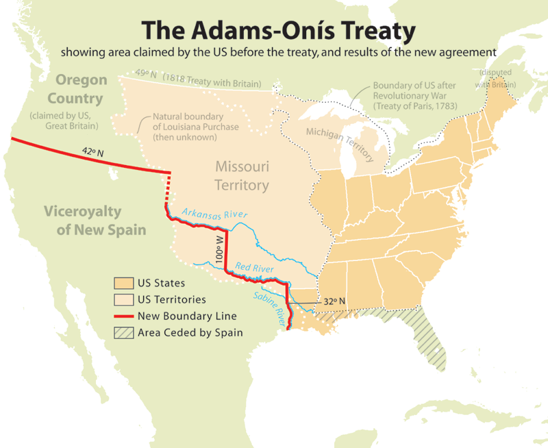 Map illustrating the outcomes of the Adams-Onís Treaty