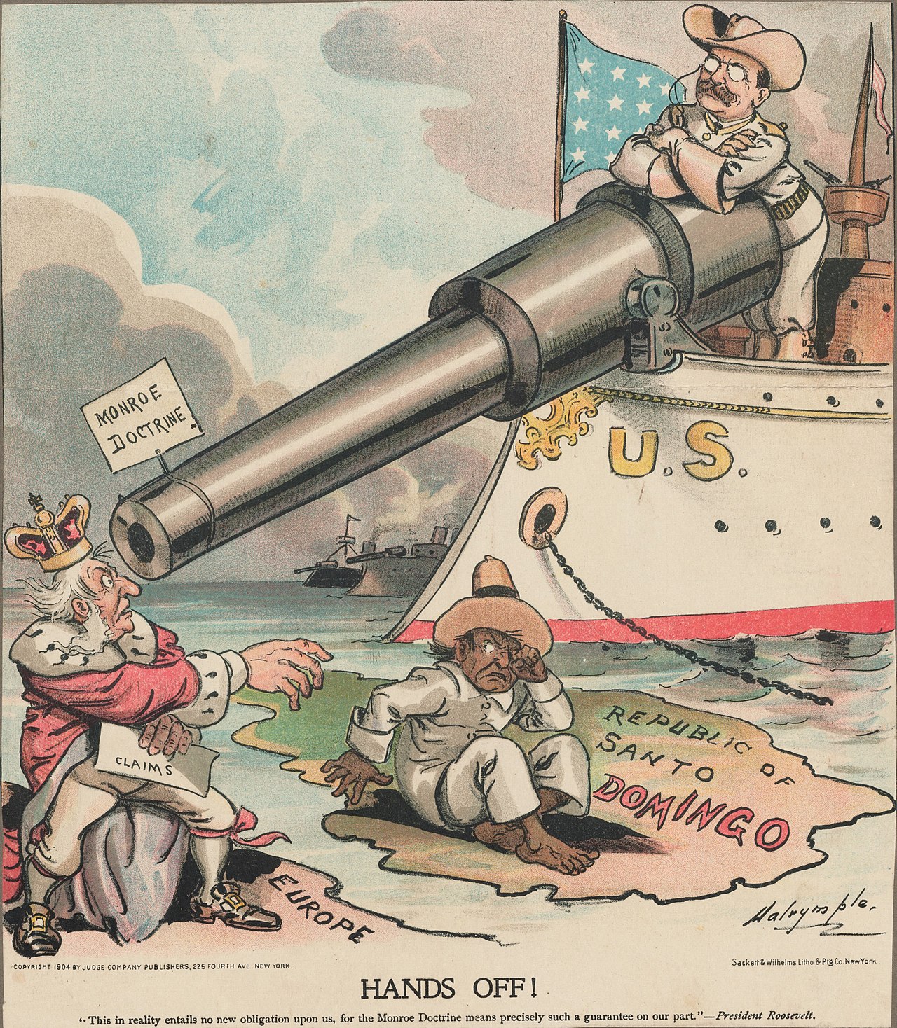 Political cartoon depicting President Roosevelt using the Monroe Doctrine to keep Europe out of Santo Domingo