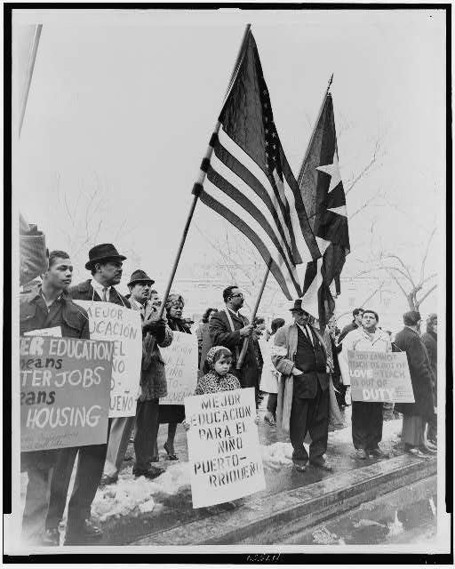 Puerto Ricans rally for civil rights outside City Hall in New York City.