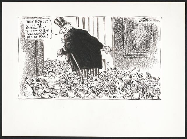 Political cartoon depicting the results of the Cuban Adjustment Act