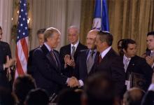 President Carter and Omar Torrijos shaking hands after signing the Torrijos-Carter Treaties
